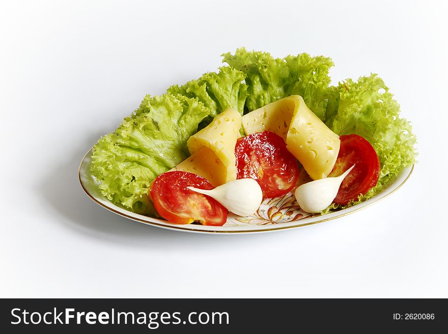 Little snack: cheese, crisp lettuce, garlic, tomato