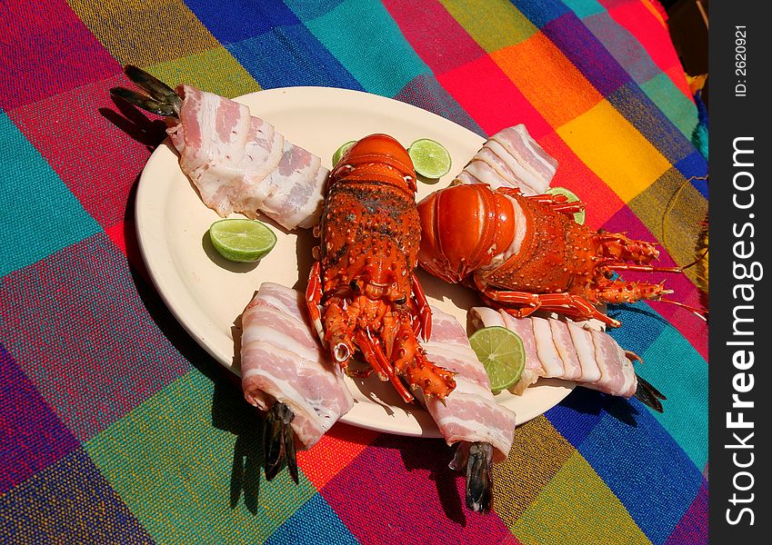 A nice seafood platter on a colorful tablecloth. A nice seafood platter on a colorful tablecloth