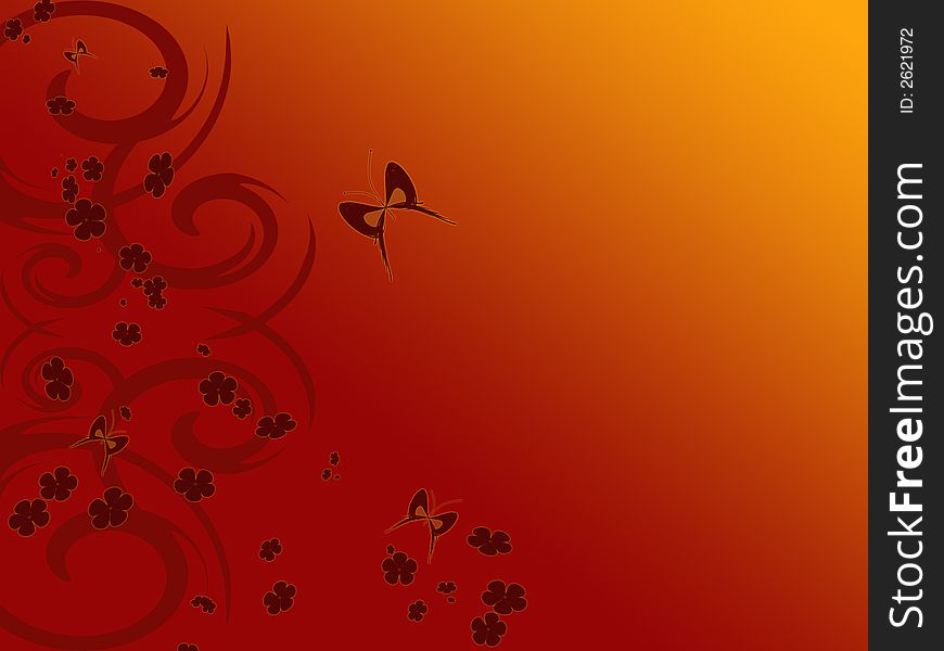 Abstract red background with flowers and butterflies. Abstract red background with flowers and butterflies