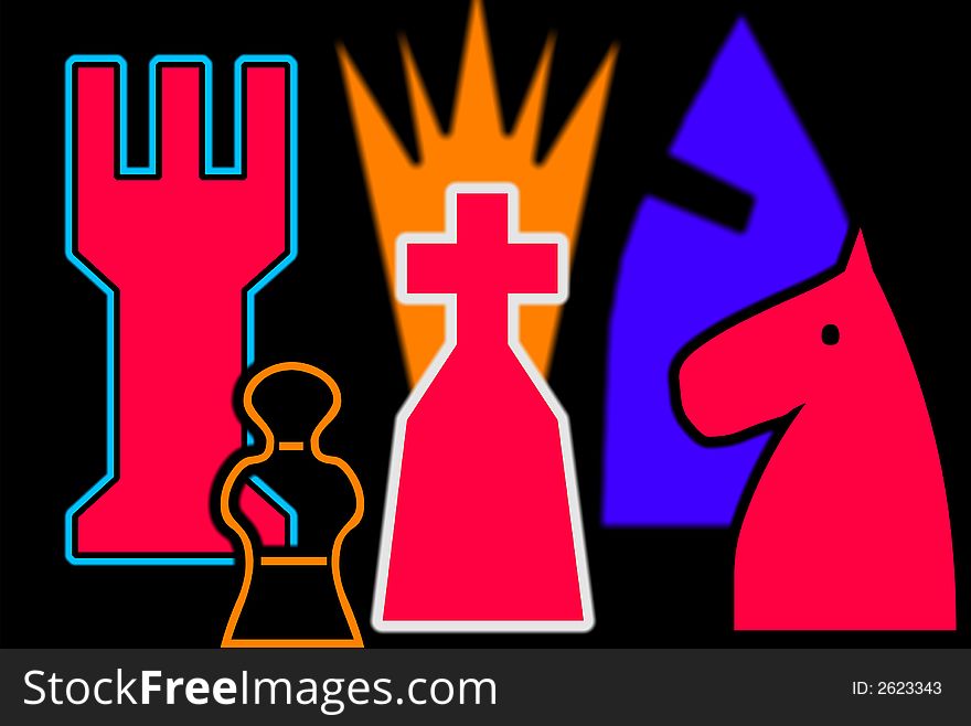 Various chess pieces king queen rook pawn knight bishop form an abstract design. Various chess pieces king queen rook pawn knight bishop form an abstract design