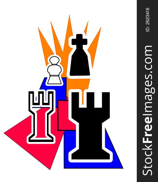 Various chess pieces king queen rook pawn knight bishop form an abstract design. Various chess pieces king queen rook pawn knight bishop form an abstract design