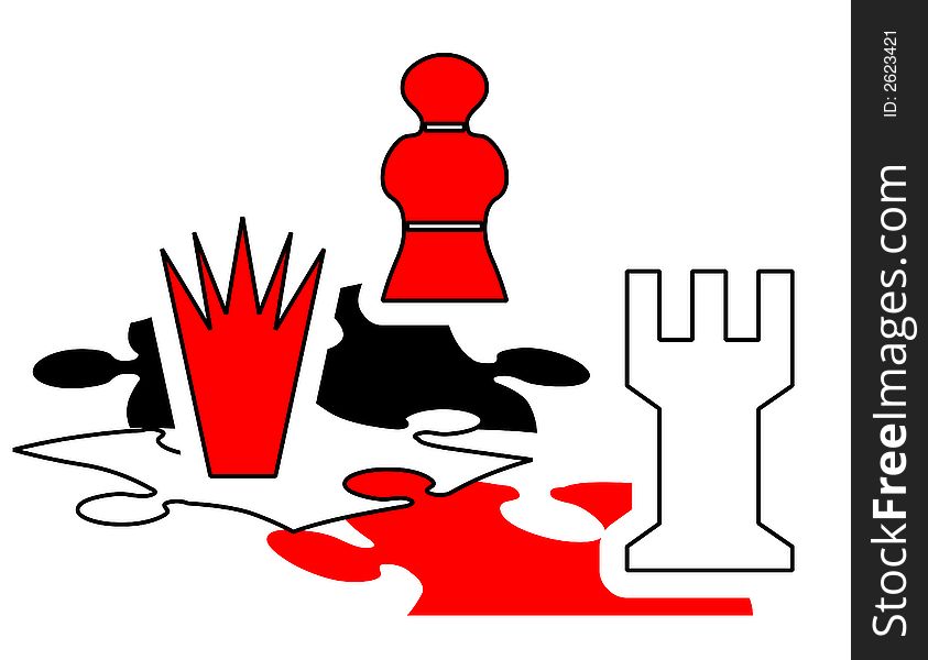 Various chess pieces king queen rook pawn knight bishop form an abstract design. Various chess pieces king queen rook pawn knight bishop form an abstract design