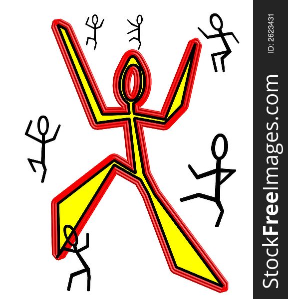 Brightly colored stick figures dancing in a happy, joyfull and uninhibited manner. Brightly colored stick figures dancing in a happy, joyfull and uninhibited manner