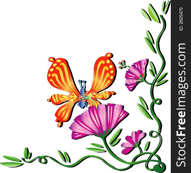 Vector background illustration of spring flowers and a butterfly. Vector background illustration of spring flowers and a butterfly