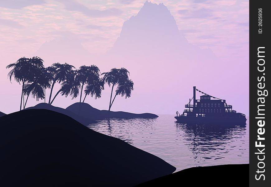 Purple sunset and palm,sea and mountain,haze and sea