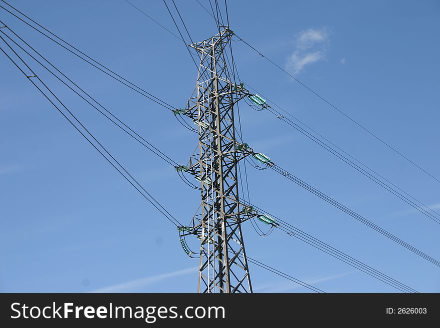 Glance from the ground level up at the electricity pole and wires