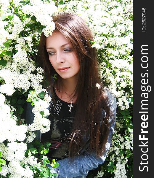 A beautiful brunette in the white flower blossom. A beautiful brunette in the white flower blossom