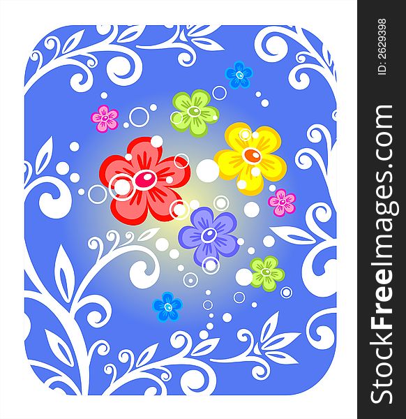 Multi-colored flowers and curls on a blue background. Multi-colored flowers and curls on a blue background.