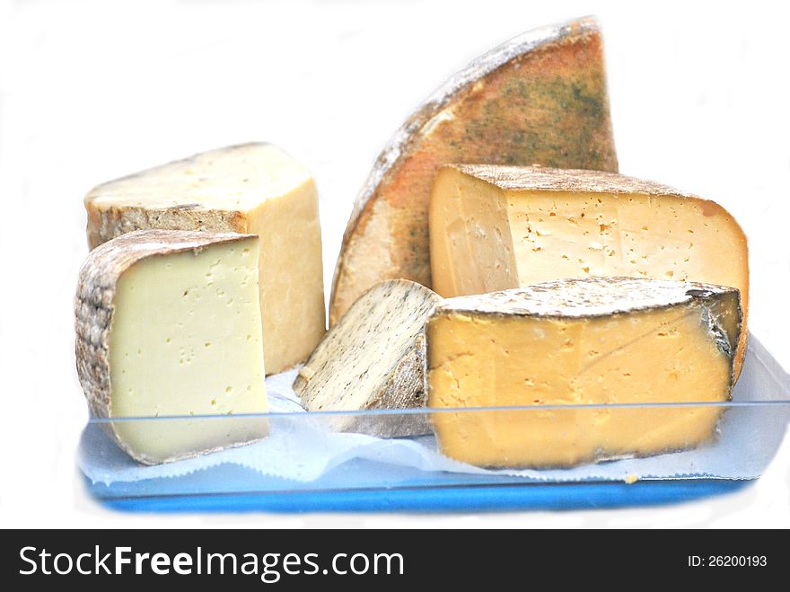 This is a photo of various home made cheeses from a farm in upstate new york.