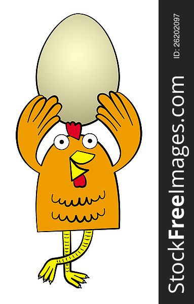 A cute cartoon hen carrying a huge egg up high. A cute cartoon hen carrying a huge egg up high