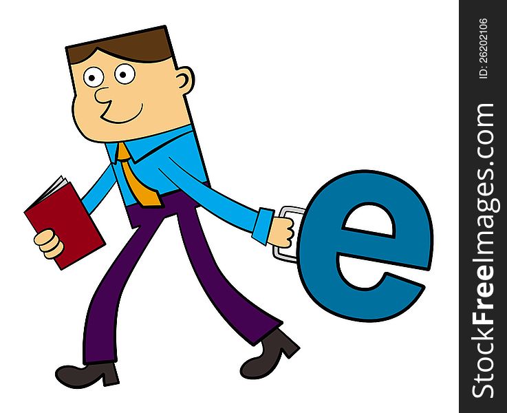 A cartoon business man carrying a bag shaped like a letter e. A cartoon business man carrying a bag shaped like a letter e