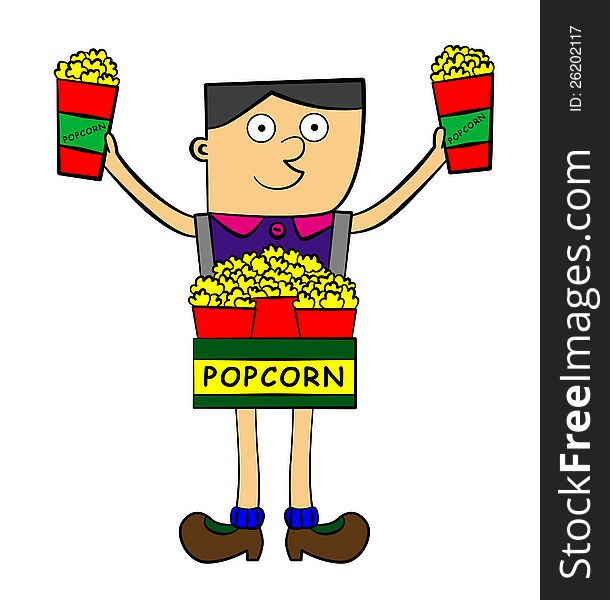 Illustration of a cute cartoon vendor selling popcorn. Illustration of a cute cartoon vendor selling popcorn