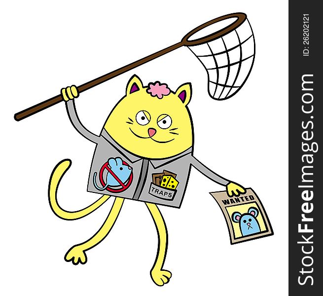 An angry cartoon cat dressed like a pest exterminator holding a net and a wanted poster of a mouse. An angry cartoon cat dressed like a pest exterminator holding a net and a wanted poster of a mouse