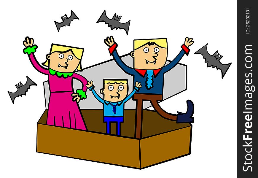 A cute funny cartoon illustration of a family made up of vampires. A cute funny cartoon illustration of a family made up of vampires