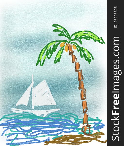 Image of a sailboat at sea and palm trees on the beach. Image of a sailboat at sea and palm trees on the beach.