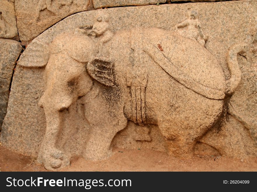 Ancient bas-relief in the temple in Hampi, Karnataka, India. Ancient bas-relief in the temple in Hampi, Karnataka, India