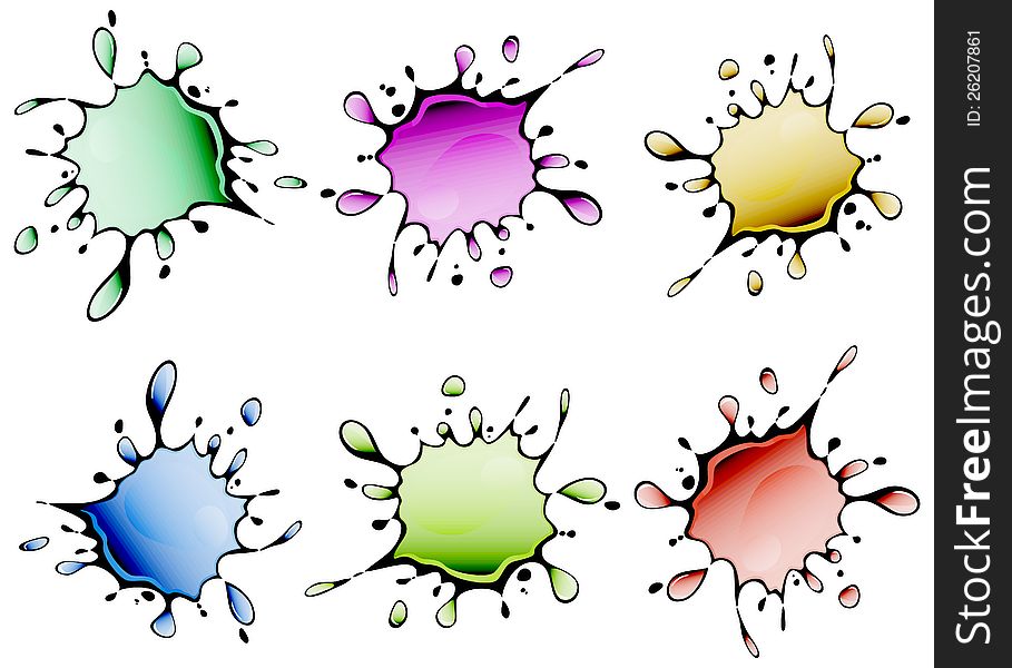 Different color inkblots on white background, vector illustration