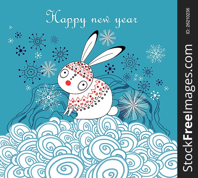 Graphical greeting new year card with a hare on a blue background. Graphical greeting new year card with a hare on a blue background