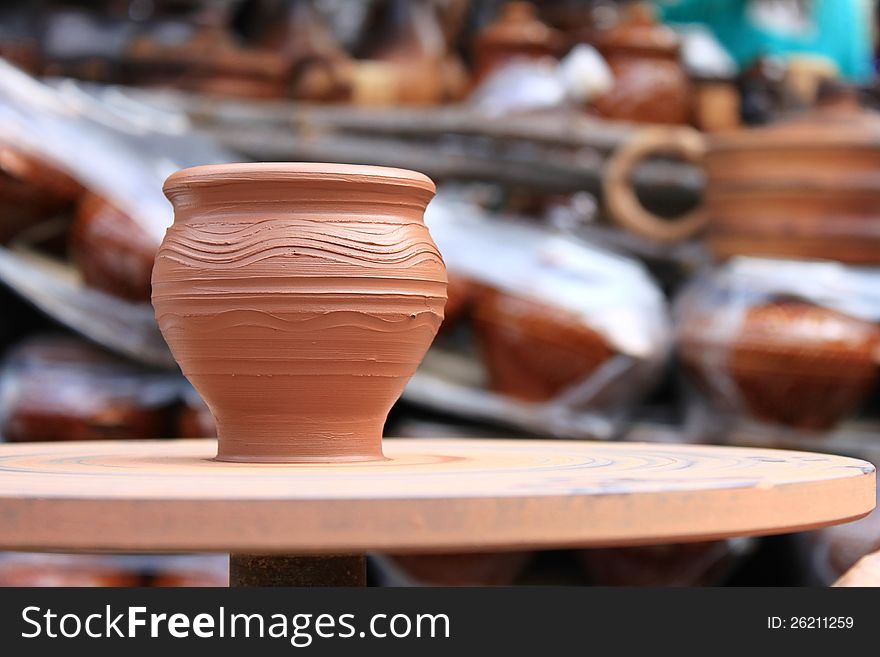 Clay pot spinning close-up