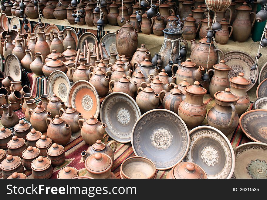 Earthenware in the market closeup