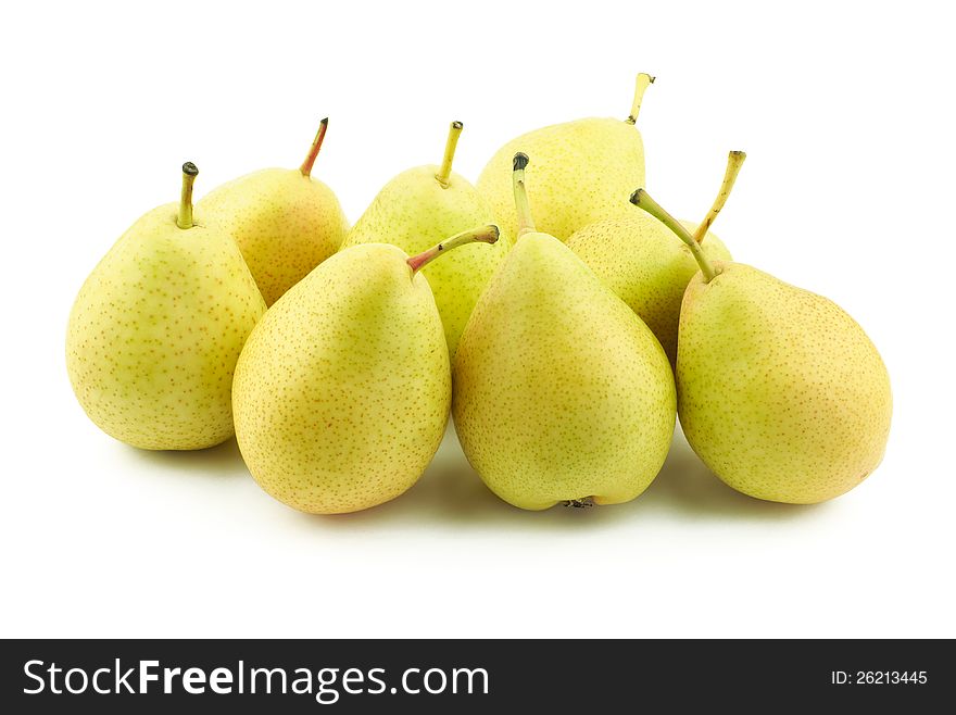 Lots of delicious yellow pears on white background. Lots of delicious yellow pears on white background