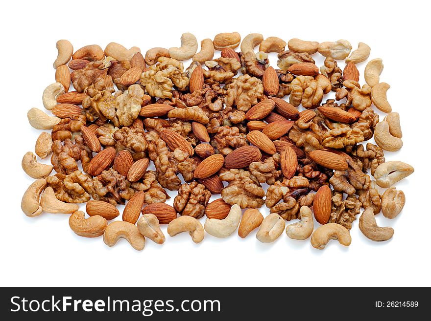 Group of assorted nuts isolated on white background