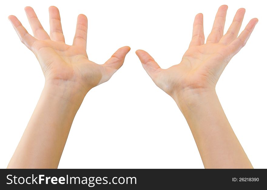 Hands of a caucasian female to hold big object, isolated on white. Hands of a caucasian female to hold big object, isolated on white