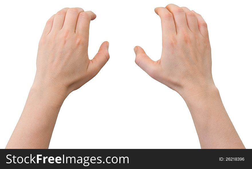 Hands of a caucasian female clinging on some wall edge, isolated on white. Hands of a caucasian female clinging on some wall edge, isolated on white