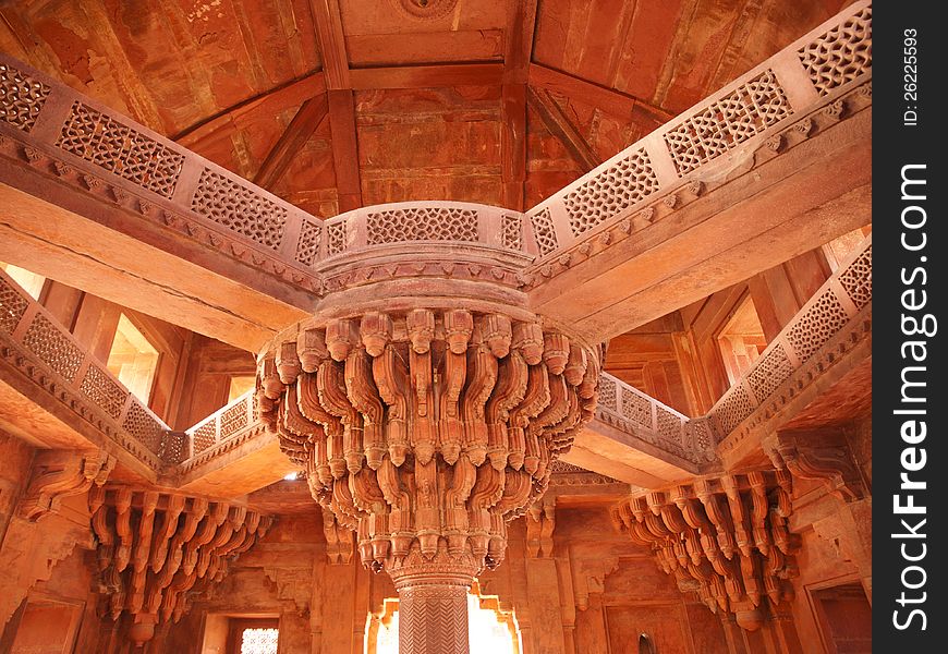 The central pillar of Diwan-i-khas in the Fatehpur Sikri, Agra district, India