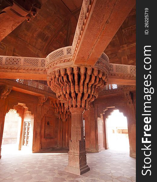 The central pillar of Diwan-i-khas in the Fatehpur Sikri, Agra district, India