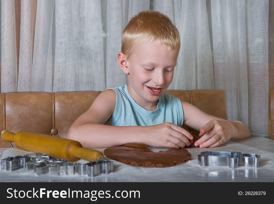 Young boy baking gingerbread cookies. Young boy baking gingerbread cookies
