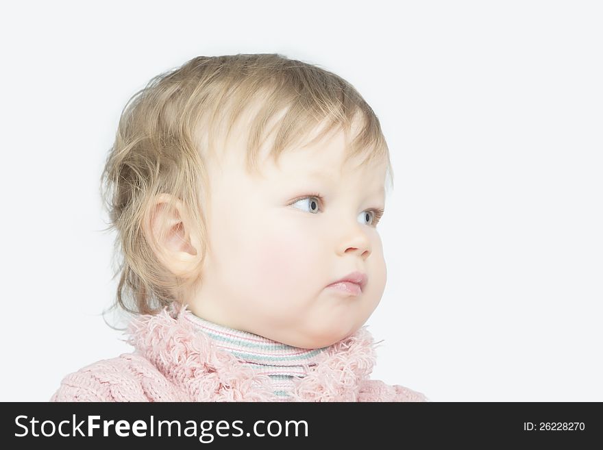 Head portrait of caucasian female toddler looking aside over white background