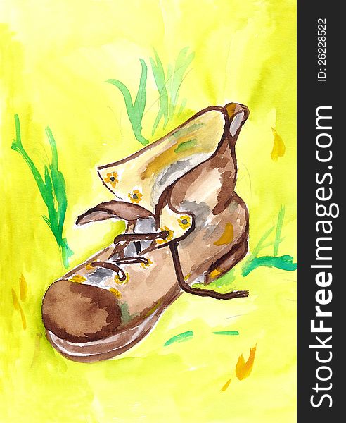 Old shoe on a yellow background- drawing