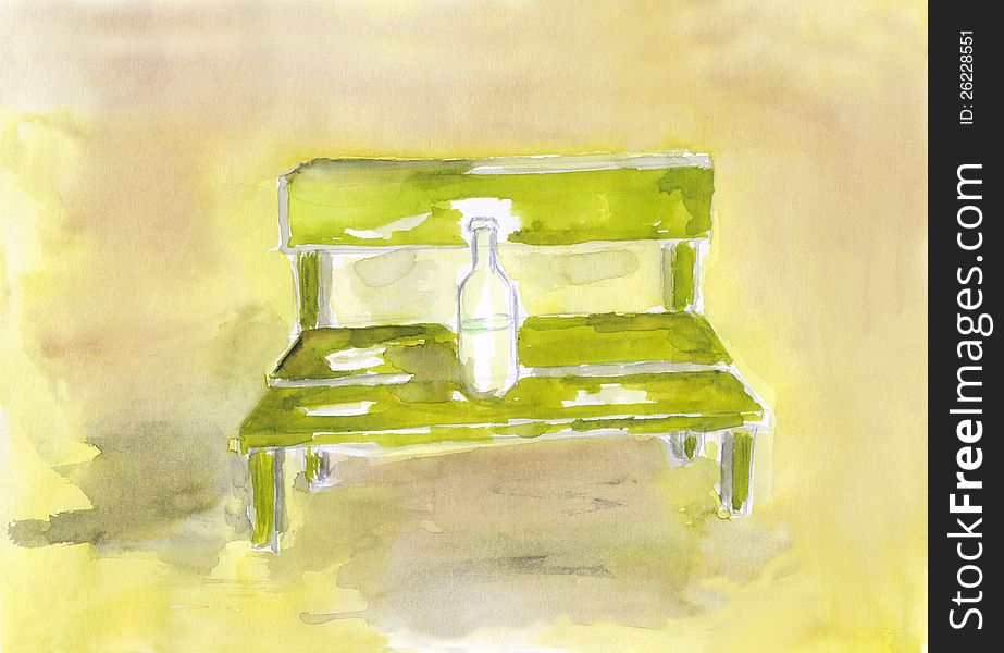 Park Bench with standing bottle-drawing
