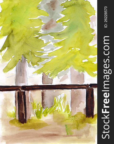 Wooden fence in the middle of pine forest-drawing. Wooden fence in the middle of pine forest-drawing