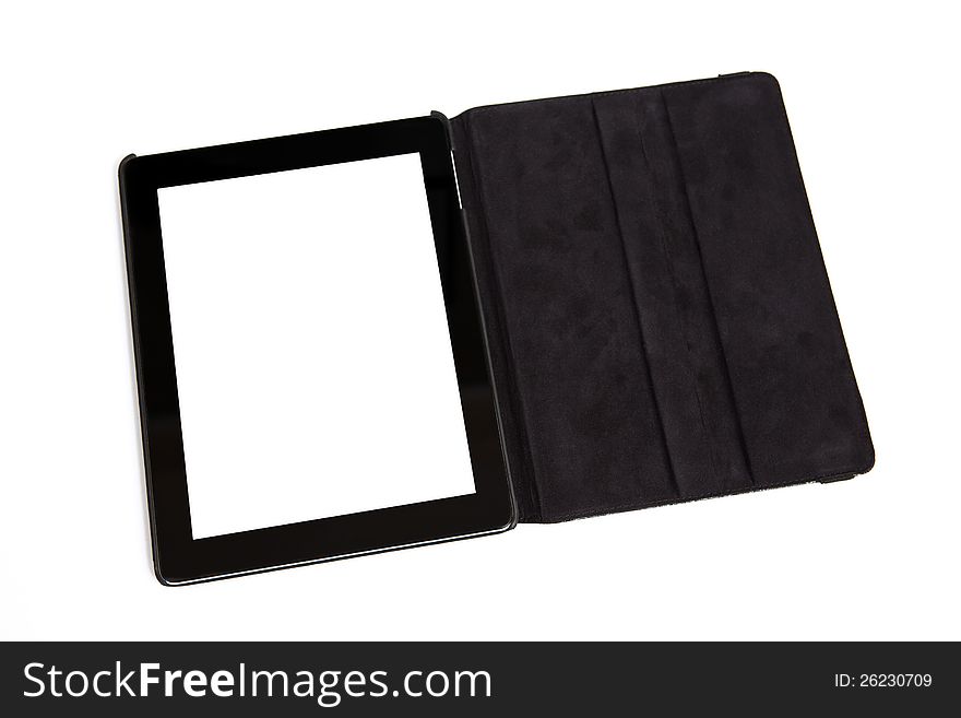 Tablet with isolated screen in black carrying case. Tablet with isolated screen in black carrying case