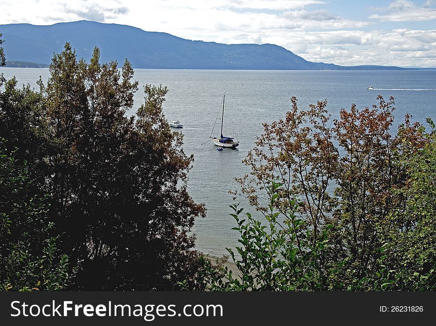 Sailboat on the water from Lummi Island, Washington. Sailboat on the water from Lummi Island, Washington