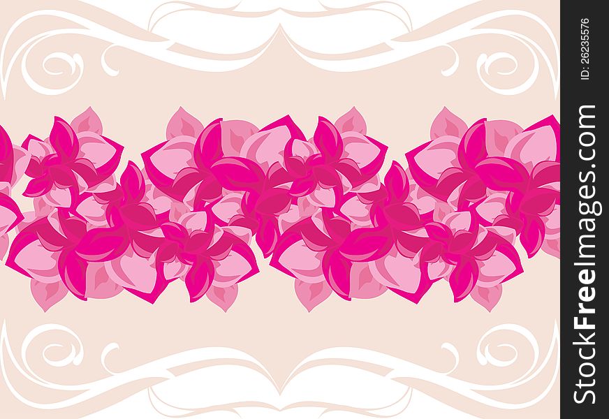 Ornamental border with blooming pink flowers. Illustration