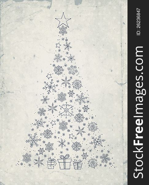 Hand -drawn Christmas tree on grunge background