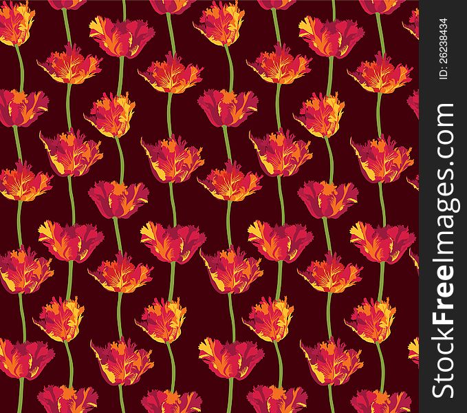 Seamless pattern with yellow and red tulips on dark brown background. Seamless pattern with yellow and red tulips on dark brown background