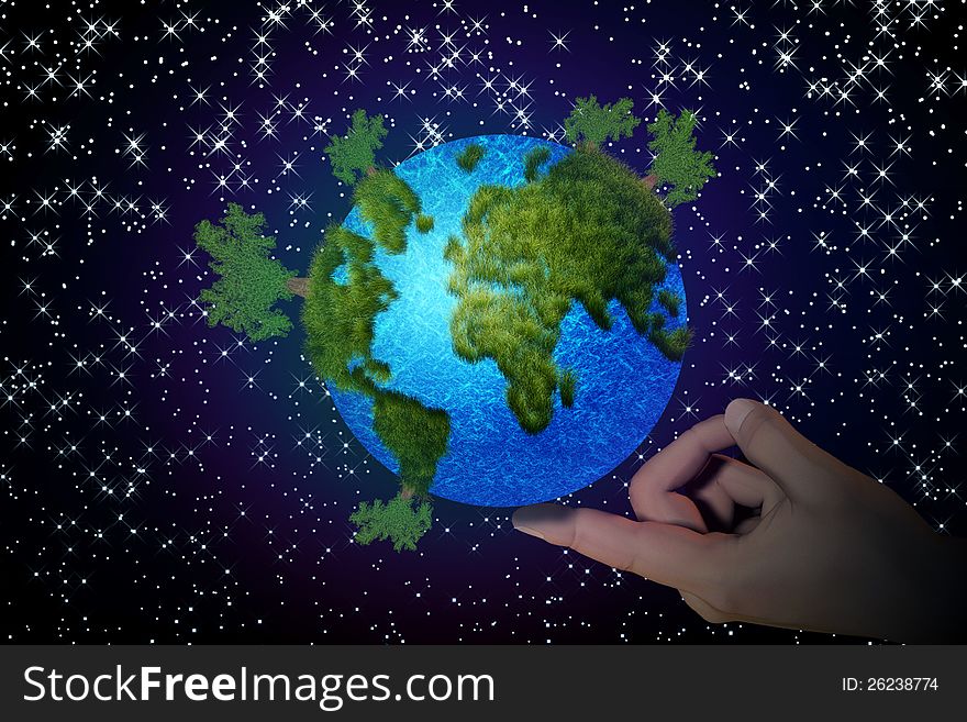 Abstract illustration of a small planet on finger background. Abstract illustration of a small planet on finger background