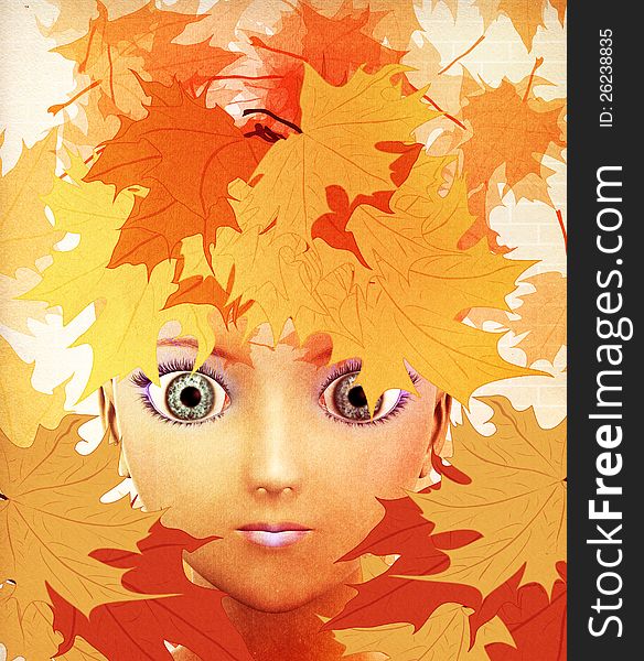 Abstract illustration of a girl in autumn leaves background.