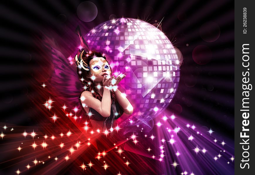 Abstract illustration of a girl on disco party background.