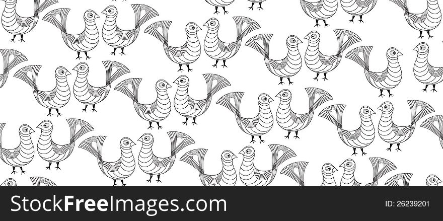 Seamless pattern with outline birds, ornament illustration in ethnic style