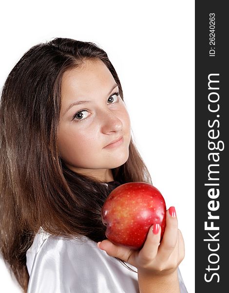 Girl offers an apple isolated white background