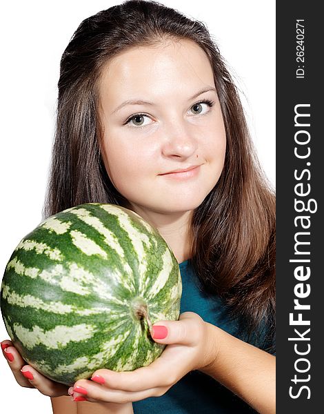 Girl offers a watermelon isolated white background