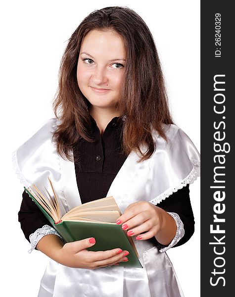 Cute schoolgirl with book isolated white background