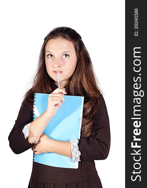 Schoolgirl with a folder isolated white background