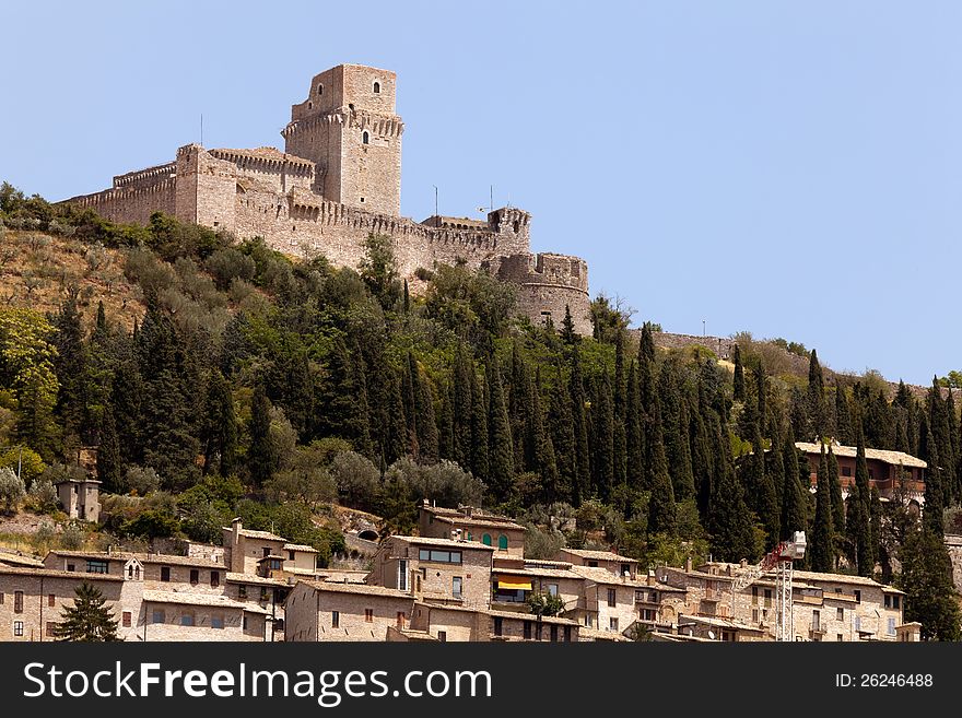 The imperial fortress Rocca Maggiore on top of the hill above the city of Assisi, Italy