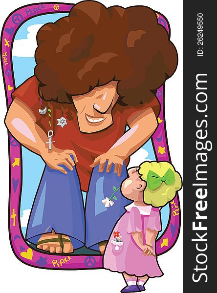 Hippie and girl - funny colorful caricature in cartoon style.